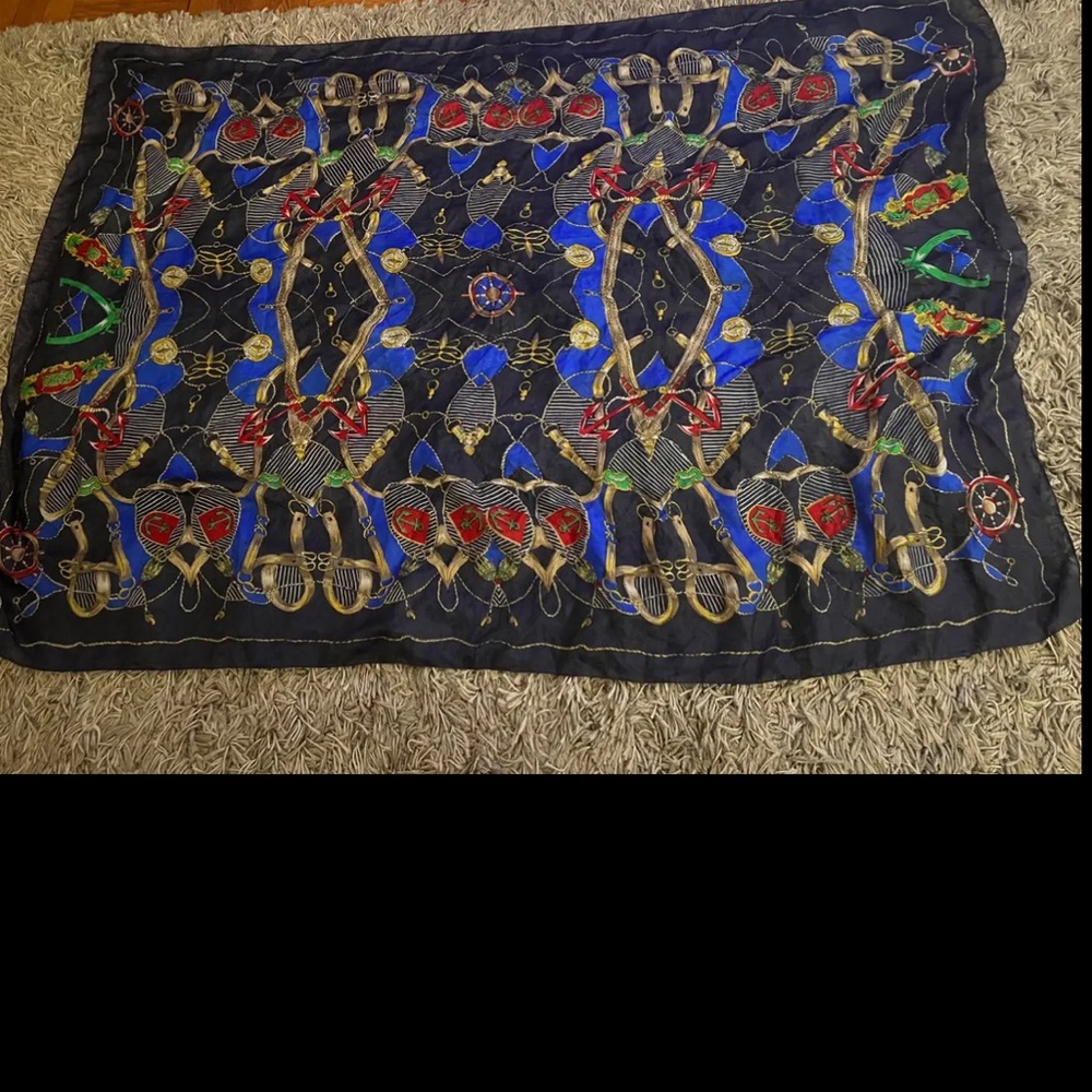 Vintage 1980’s Carlo Orsini Blue Gold Nautical Silk Scarf Shawl Wrap